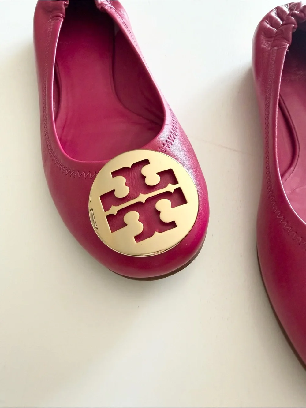 Tory Burch Pink Leather Reva Ballet Flats with Gold Logo Medallions Size 7